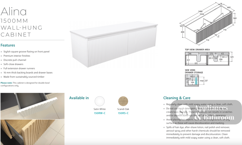 Fienza TCL150RWD 1500 Dolce Alina Satin White Double Bowl Wall-Hung Vanity - Vanity Units