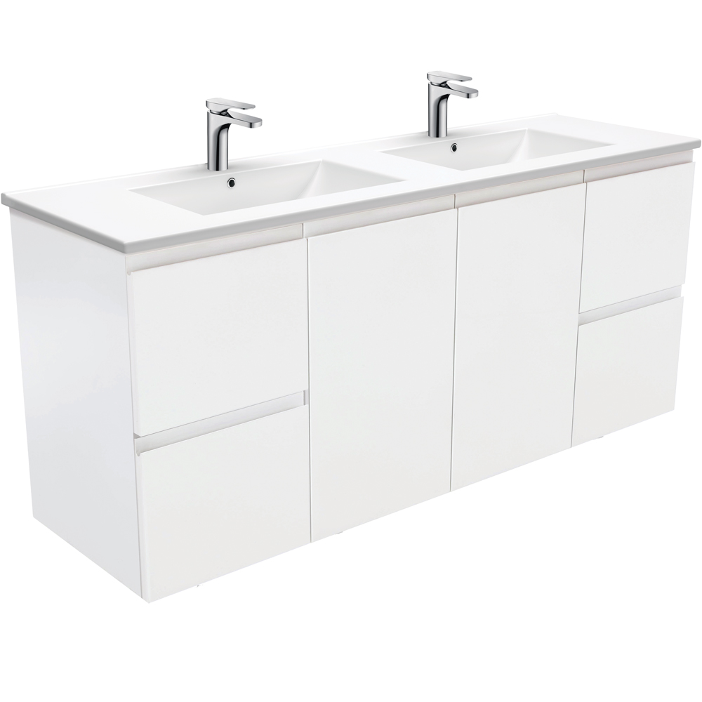 Fienza TCL150ZD Dolce Fingerpull Satin 1500mm Vanity wall hung (Double Bowl) Satin White - Vanities