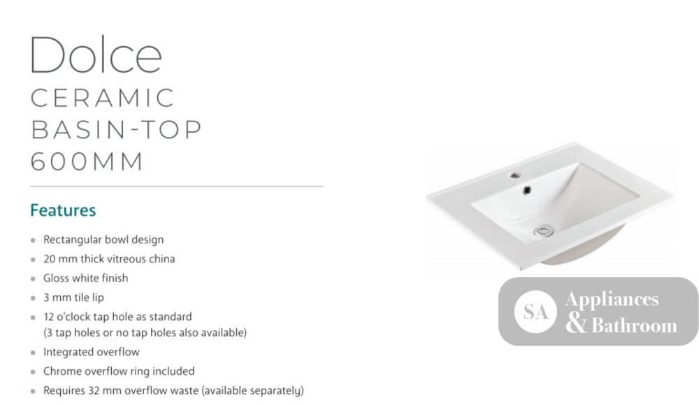 Fienza Tcl60Nkw Dolce 600Mm White Vanity With Kicker - Special Order Units