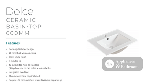 Fienza Tcl60Nkw Dolce 600Mm White Vanity With Kicker - Special Order Units