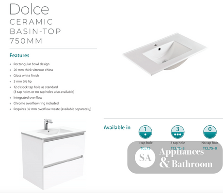 Fienza Tcl75Zbl Dolce Black 750Mm Wall Hung Vanity Left Drawers - Special Order Units