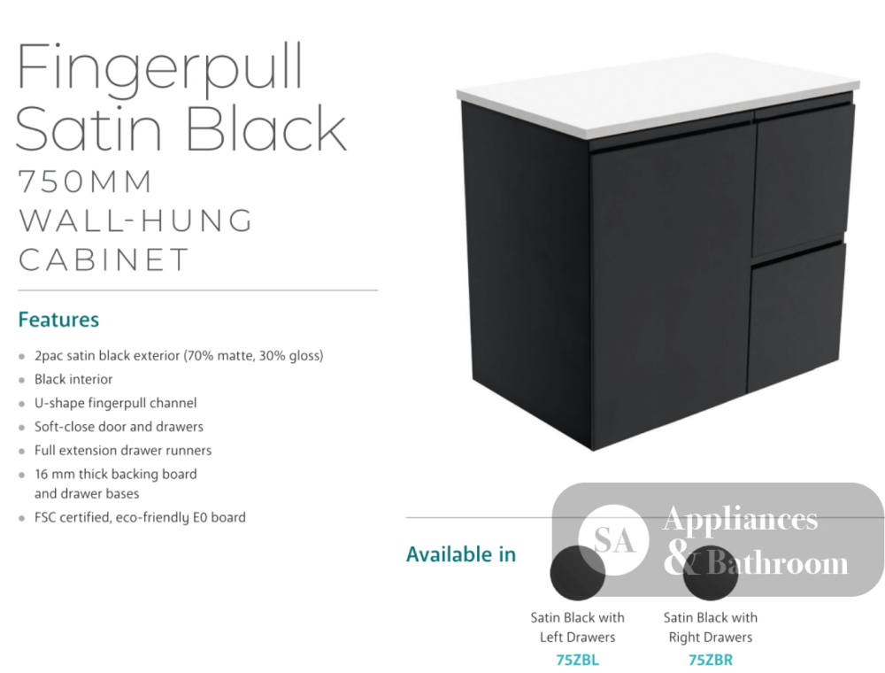 Fienza Tcl75Zbl Dolce Black 750Mm Wall Hung Vanity Left Drawers - Special Order Units