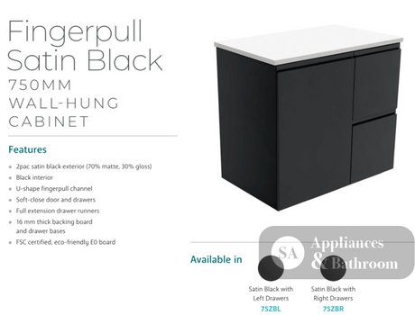 Fienza Tcl75Zbr Dolce Black 750Mm Wall Hung Vanity Right Drawers - Special Order Units