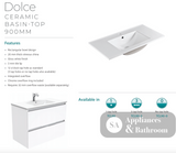 Fienza TCL90RW Dolce Alina White 900 Wall-Hung Vanity - Vanity Units