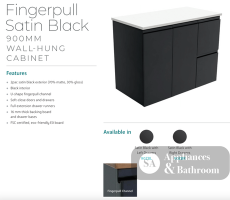Fienza Tcl90Zbl Dolce 900Mm Fingerpull Satin Black Wall Hung Vanity Left Draws - Special Order Units