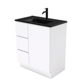 Fienza Tclb75Cl 750Mm Dolce Matte Black Fingerpull Gloss White Vanity On Kickboard Left Drawers -