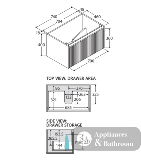 Fienza TCLB75RW 750 Dolce Matte Black Alina Satin White Wall-Hung Vanity - Vanity Units