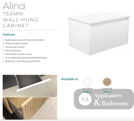 Fienza TCLB75RW 750 Dolce Matte Black Alina Satin White Wall-Hung Vanity - Vanity Units