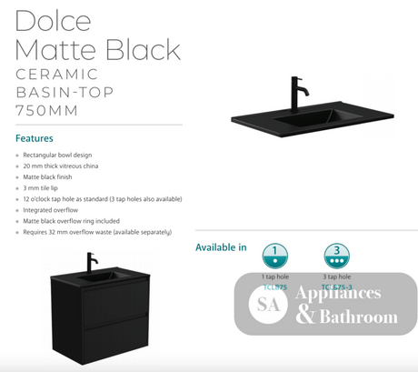 Fienza TCLB75RW 750 Dolce Matte Black Alina Satin White Wall-Hung Vanity - Vanity Units
