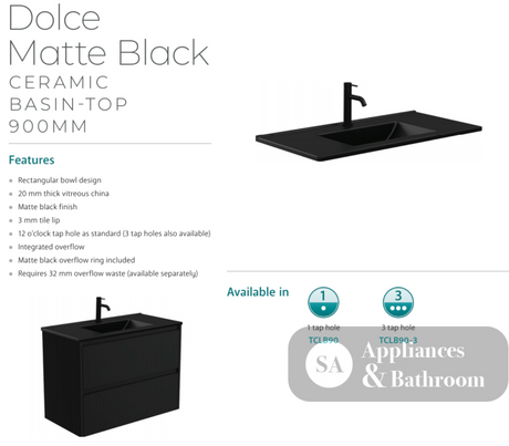 Fienza Tclb90Fr 900Mm Dolce Matte Black Fingerpull Gloss White Wall Hung Vanity Right Drawers -