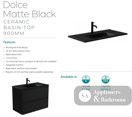 Fienza Tclb90Sr 900Mm Dolce Matte Black Scandi Oak Wall Hung Vanity Right Drawers - Special Order