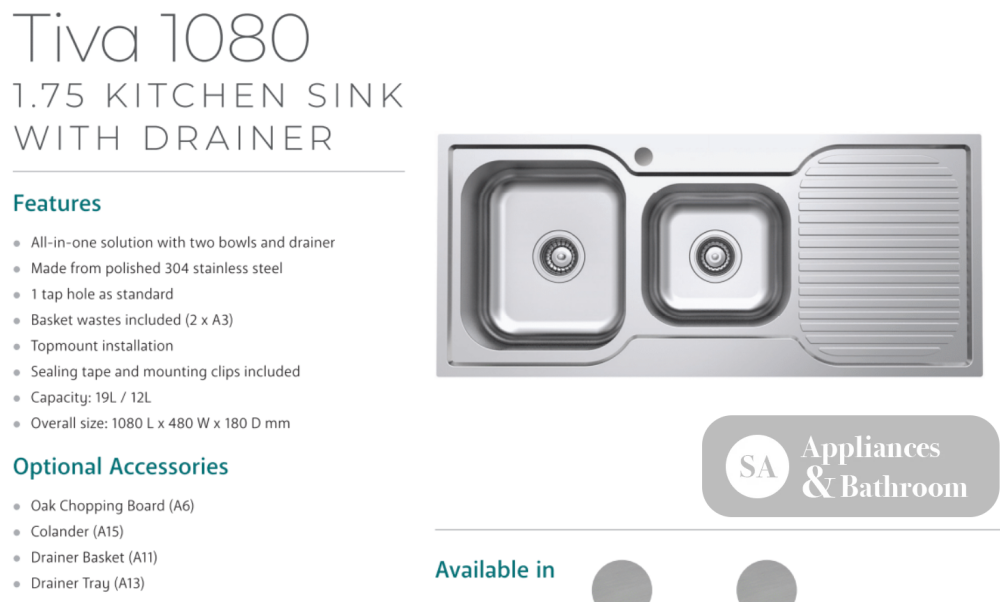 Fienza Tiva 1080 1.75 Kitchen Sink With Drainer Left Bowl 68106L - Special Order Top Mounted Sinks