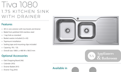Fienza Tiva 1080 1.75 Kitchen Sink With Drainer Right Bowl 68106R - Special Order Top Mounted Sinks