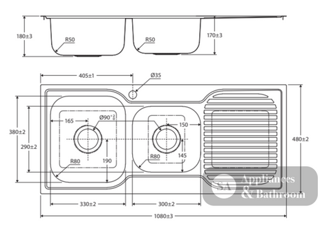 Fienza Tiva 1080 1.75 Kitchen Sink With Drainer Right Bowl 68106R - Special Order Top Mounted Sinks