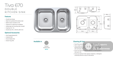 Fienza Tiva 670 Double Kitchen Sink – Polished 304 Stainless Steel | 68110 - Top Mounted Kitchen Sinks