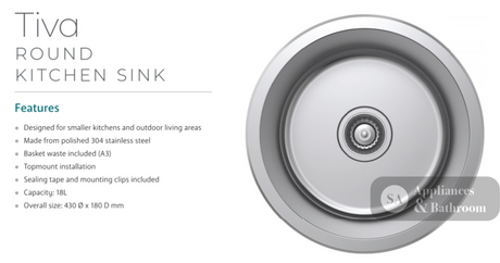 Fienza Tiva 68103 Stainless Steel Round Kitchen Sink - Special Order Laundry Insert Sinks