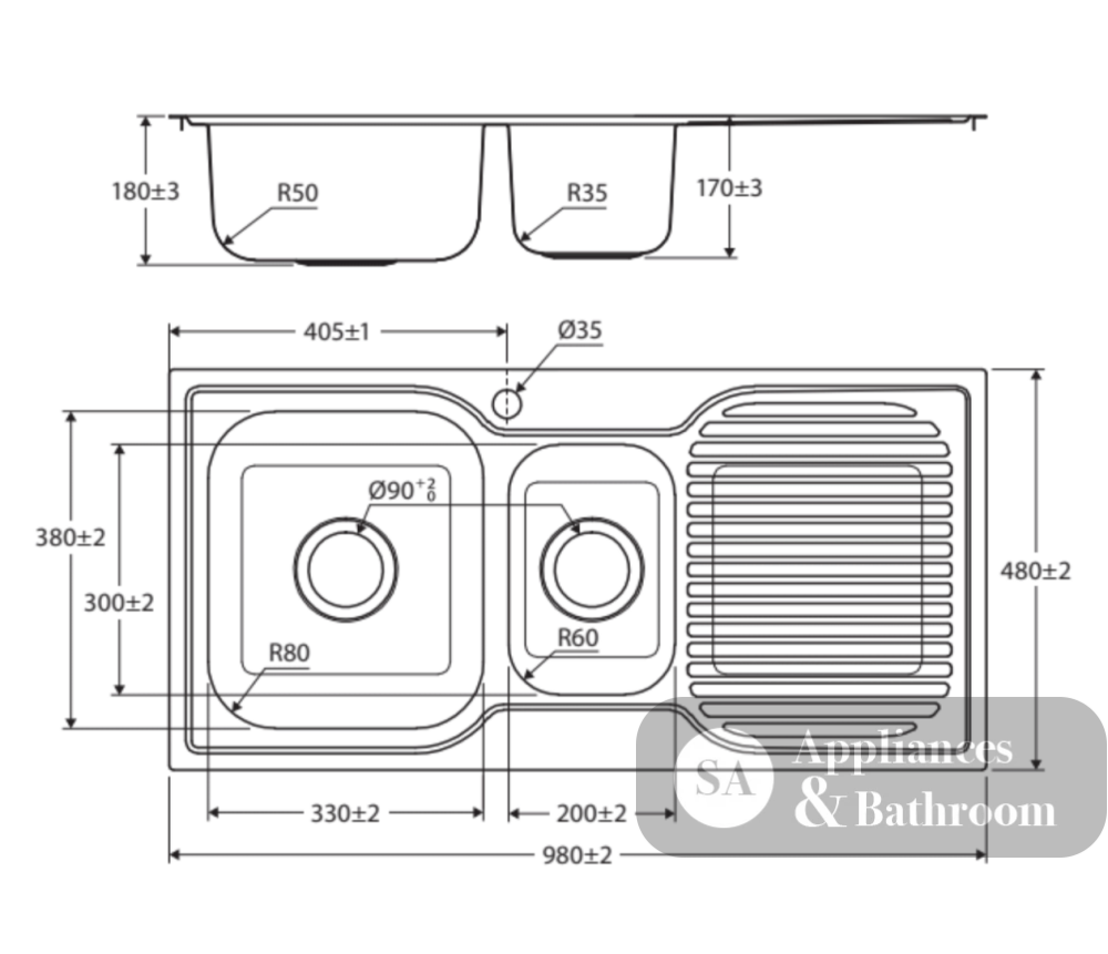 Fienza Tiva 68105R Double Right Hand Bowl Stainless Steel Sink - Special Order Top Mounted Kitchen