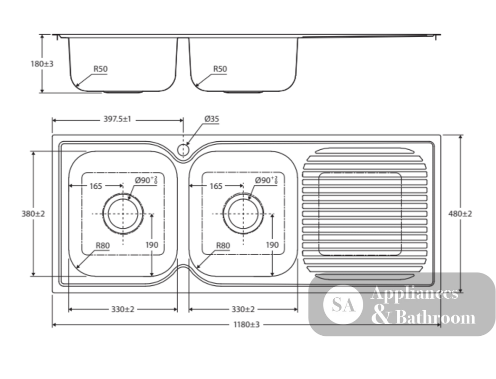 Fienza Tiva 68107L 1180 Double Kitchen Sink With Drainer Left Bowl - Special Order Top Mounted Sinks