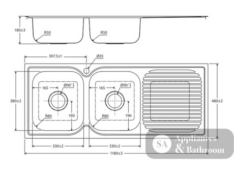 Fienza Tiva 68107L 1180 Double Kitchen Sink With Drainer Left Bowl - Special Order Top Mounted Sinks