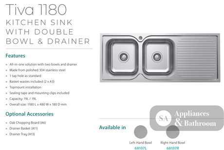 Fienza Tiva 68107L 1180 Double Kitchen Sink With Drainer Left Bowl - Special Order Top Mounted Sinks
