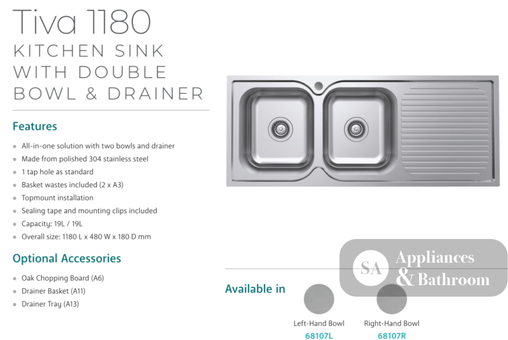 Fienza Tiva 68107R 1180 Double Kitchen Sink With Drainer Right Bowl - Special Order Top Mounted