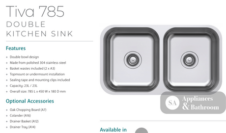 Fienza Tiva 68109 Stainless Steel Double Kitchen Sink - Special Order Undermount Sinks