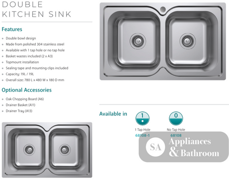 Fienza Tiva 780 Double Kitchen Sink 68108-1 Top Mounted Sinks