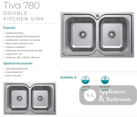 Fienza Tiva 780 Double Kitchen Sink No Tap Hole 68108 Top Mounted Sinks