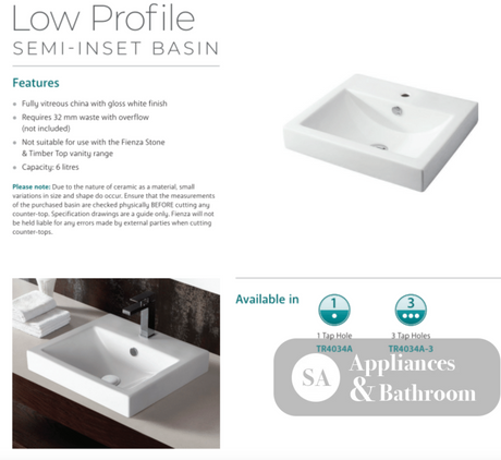 Fienza TR4034A Semi Inset 1 Tap Hole Ceramic Low Profile Basin White - Basins