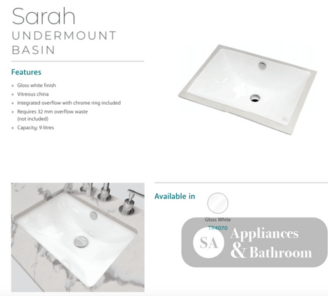 Fienza TR4070 Sarah Undermount Ceramic Basin White - Basins
