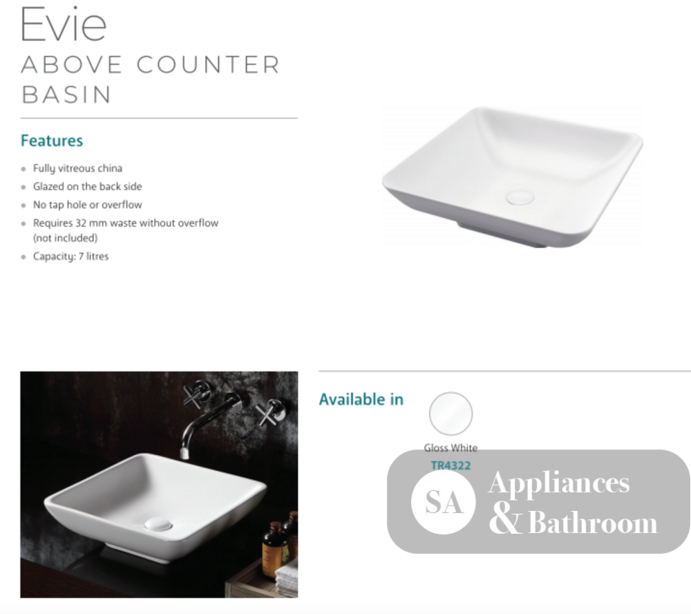 Fienza TR4322 Evie Above Counter Basin White - Basins