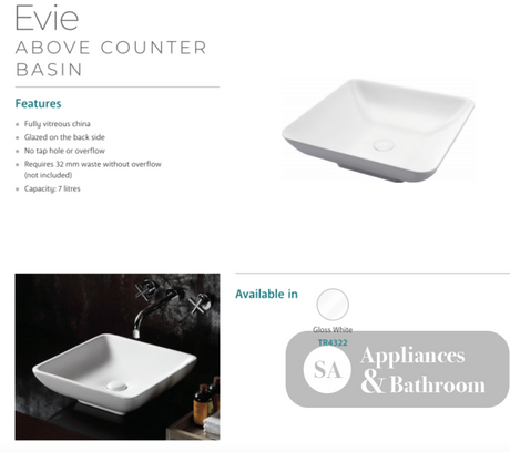Fienza TR4322 Evie Above Counter Basin White - Basins