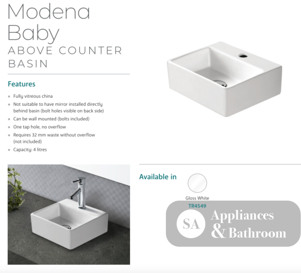 Fienza TR4549 Baby Modena Above Counter Ceramic 1 Tap Hole Basin White - Basins