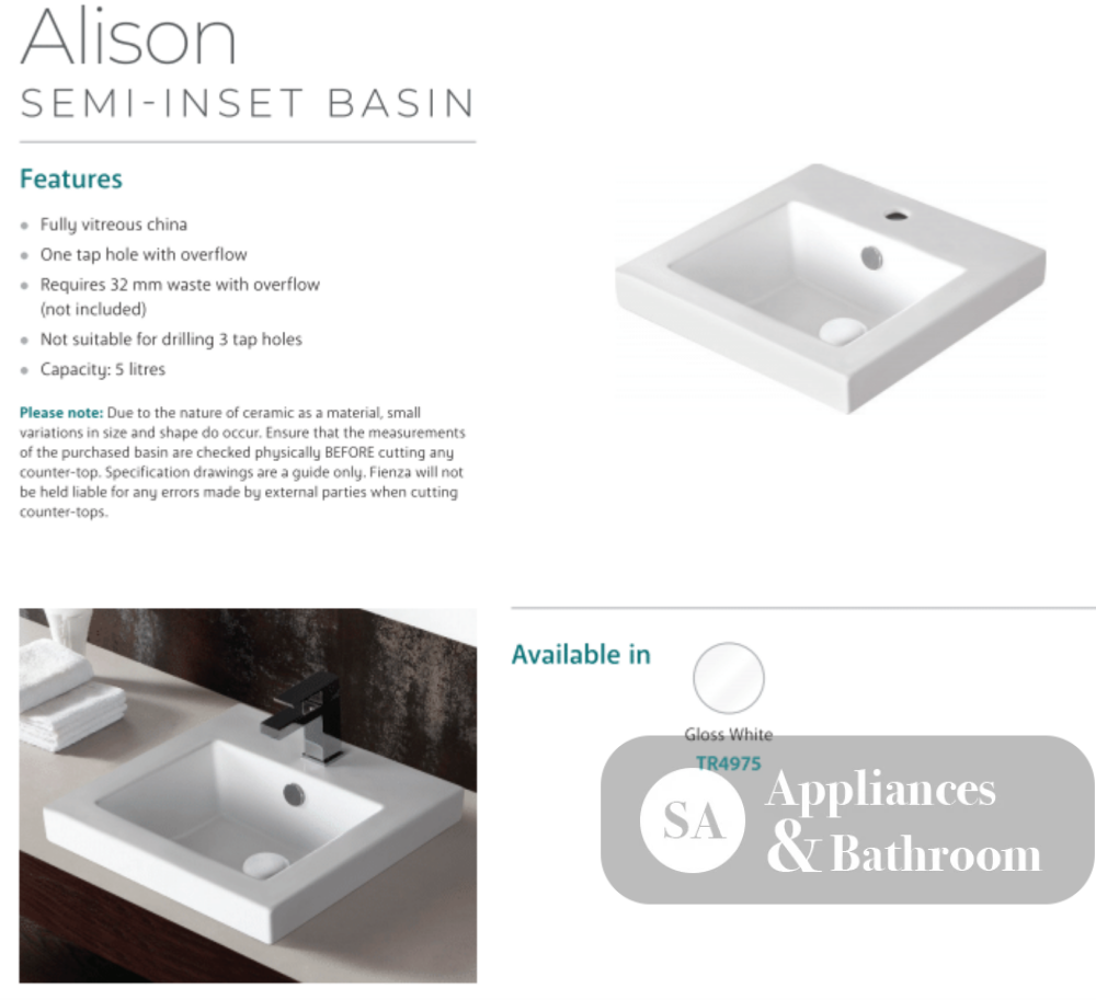 Fienza TR4975 Alison Semi Inset 1 Tap Hole Ceramic Basin White - Basins