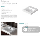 Fienza TR4975 Alison Semi Inset 1 Tap Hole Ceramic Basin White - Basins