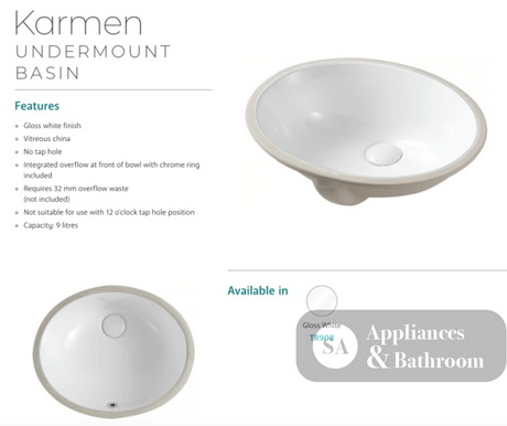 Fienza TR908 Undermount Ceramic Basin Karmen White - Basins