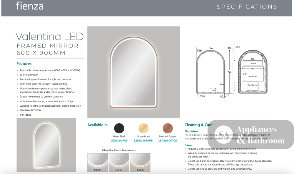 Fienza Valentina LED Brushed Copper Framed Mirror 600 x 900mm LED6090FACO - Mirrors