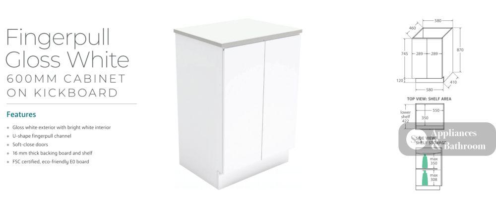 Fienza VAN60C Vanessa Fingerpull 600 Vanity on Kickboard Gloss White - Vanity Units