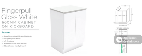 Fienza VAN60C Vanessa Fingerpull 600 Vanity on Kickboard Gloss White - Vanity Units