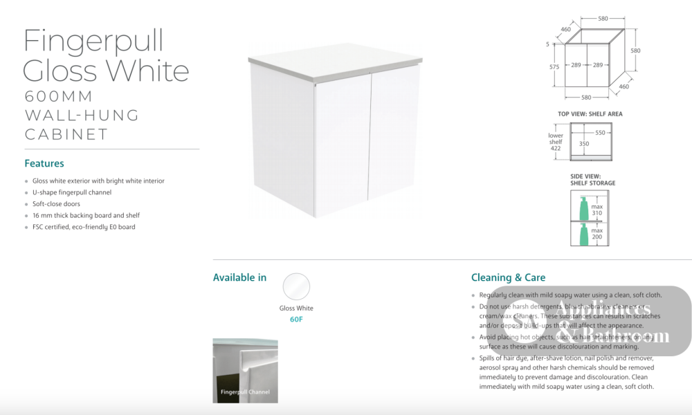 Fienza VAN60F Vanessa Fingerpull 600 Wall-Hung Vanity Gloss White - Vanity Units