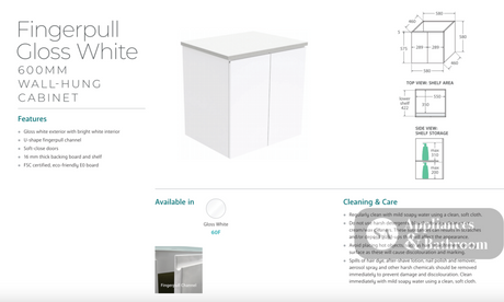 Fienza VAN60F Vanessa Fingerpull 600 Wall-Hung Vanity Gloss White - Vanity Units