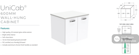 Fienza VAN60J Vanessa Unicab 600 Wall-Hung Vanity Gloss White - Vanity Units