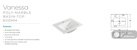 Fienza VAN60NKW Vanessa Unicab 600 Vanity on Kickboard Gloss White - Vanity Units