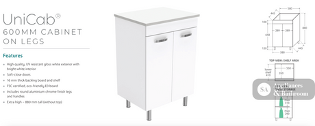 Fienza VAN60NLW Vanessa Unicab 600 Vanity on Legs Gloss White - Vanity Units