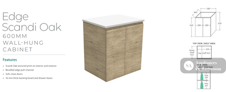 Fienza VAN60S Vanessa Fingerpull 600 Wall-Hung Vanity Scandi Oak - Vanity Units