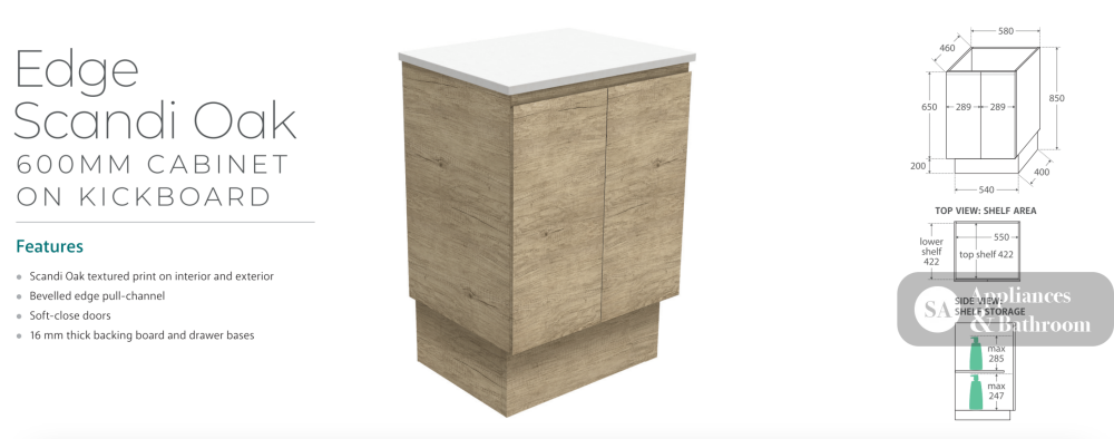 Fienza VAN60SK Vanessa Fingerpull 600 Vanity on Kickboard Scandi Oak - Vanity Units