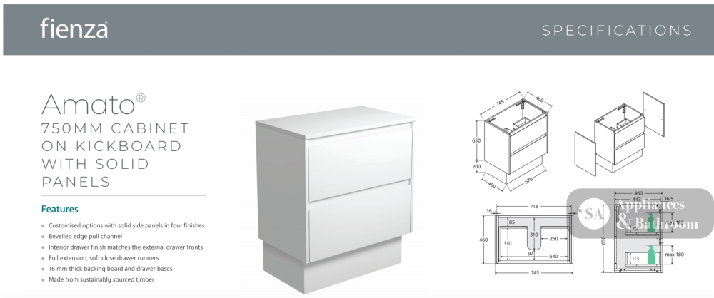 Fienza VAN75BBK Vanessa Amato 750 Satin Black Vanity On Kickboard - Vanity Units