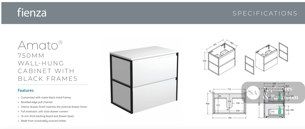 Fienza VAN75BWF Vanessa Amato 750 Satin White Wall-Hung Vanity Matte Black Frames - Vanity Units