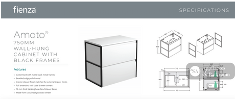 Fienza VAN75BWF Vanessa Amato 750 Satin White Wall-Hung Vanity Matte Black Frames - Vanity Units