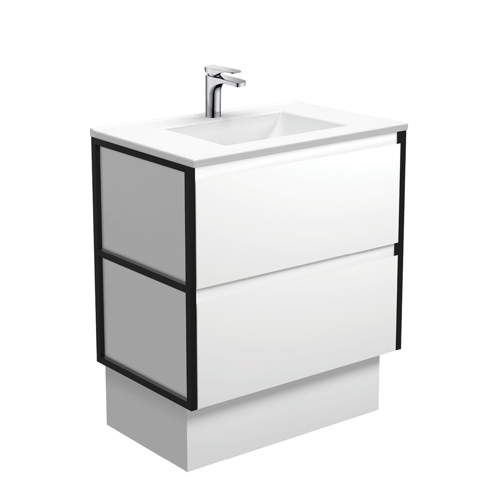 Fienza VAN75BWFK Vanessa Amato 750 Satin White Vanity On Kickboard Matte Black Frames - Vanity Units